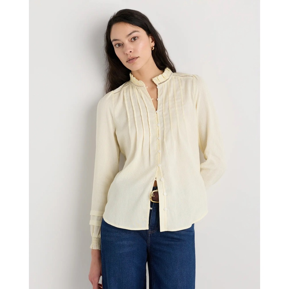 Quince Peasant Blouse 100% Organic Cotton Pintuck Ruffle Cream Yellow Large Boho